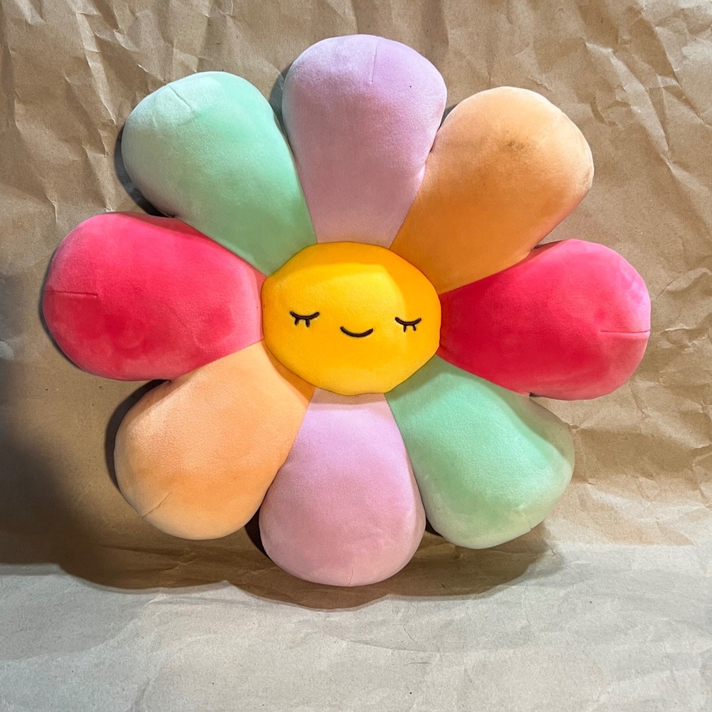 Russ Jazwares Large Flower Plush Rainbow‎ Multicolor Kawaii Sleeping Face Pillow